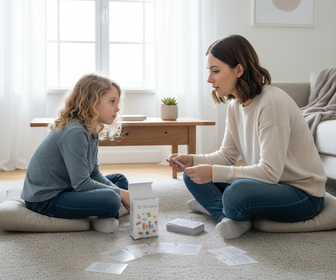 Woman and child sitting on the floor playing a card game in a bright living room.