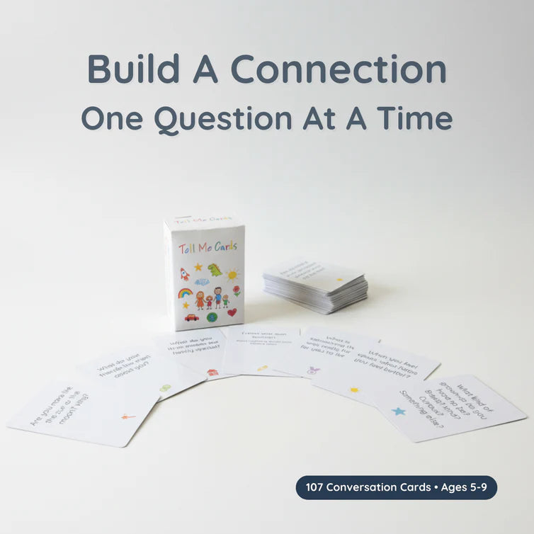Tell Me Cards 107 conversation cards fanned out in front of the box on a white background