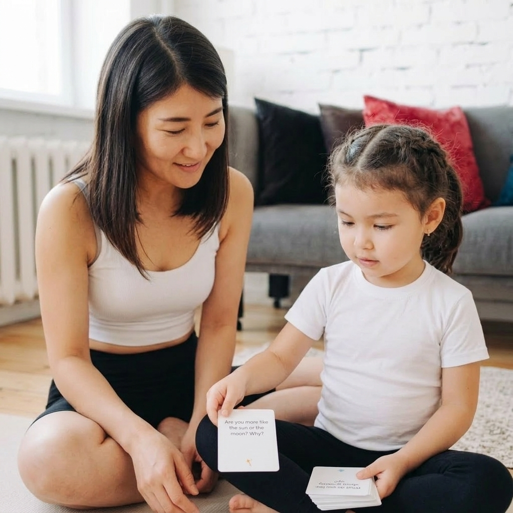 Child pulling a Tell Me Cards parent-child conversation card to start a screen-free family conversation