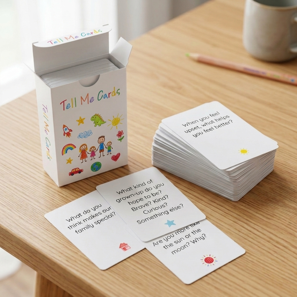 Tell Me Cards packaging and cards on a wooden table with a cup and pencil.
