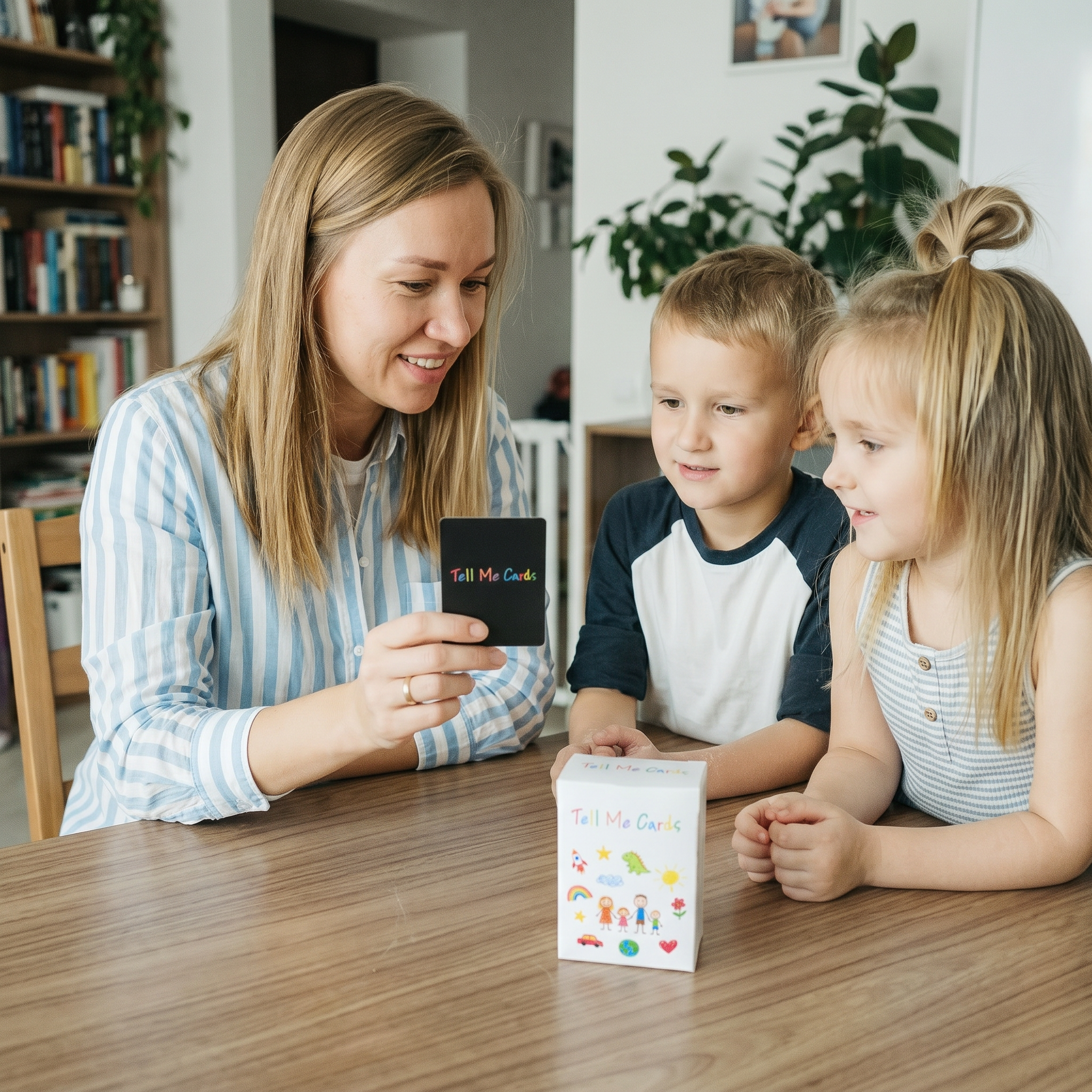 Tell Me Cards parent-child conversation cards used by a family at the table for screen-free connection