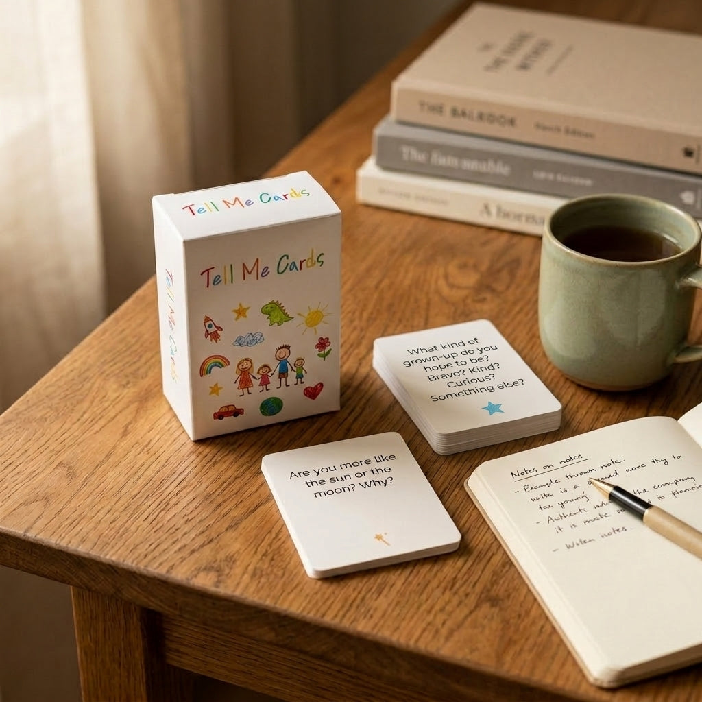 Tell Me Cards parent-child conversation cards on a founder’s notebook, showing the story behind a screen-free tool for helping kids open up