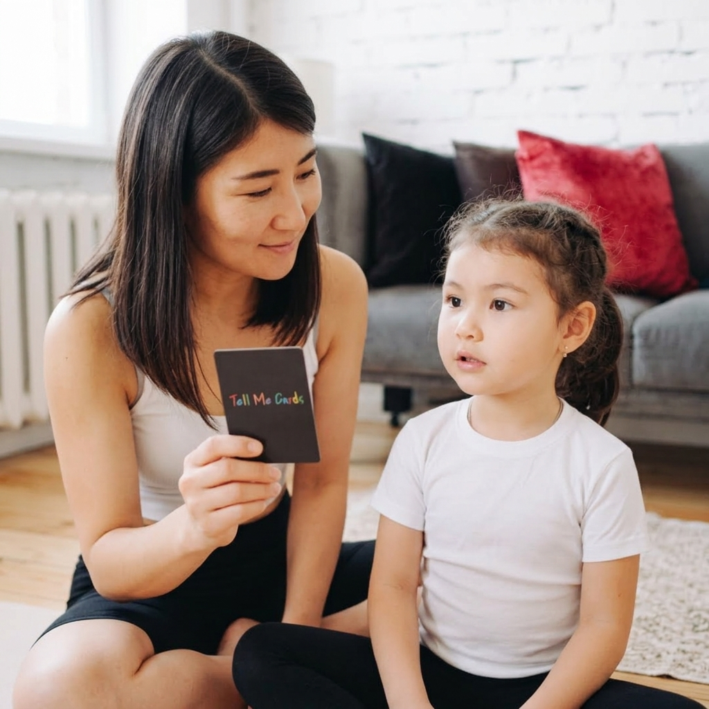 Parent and child using a Tell Me Cards conversation prompt to make it easier for kids to open up