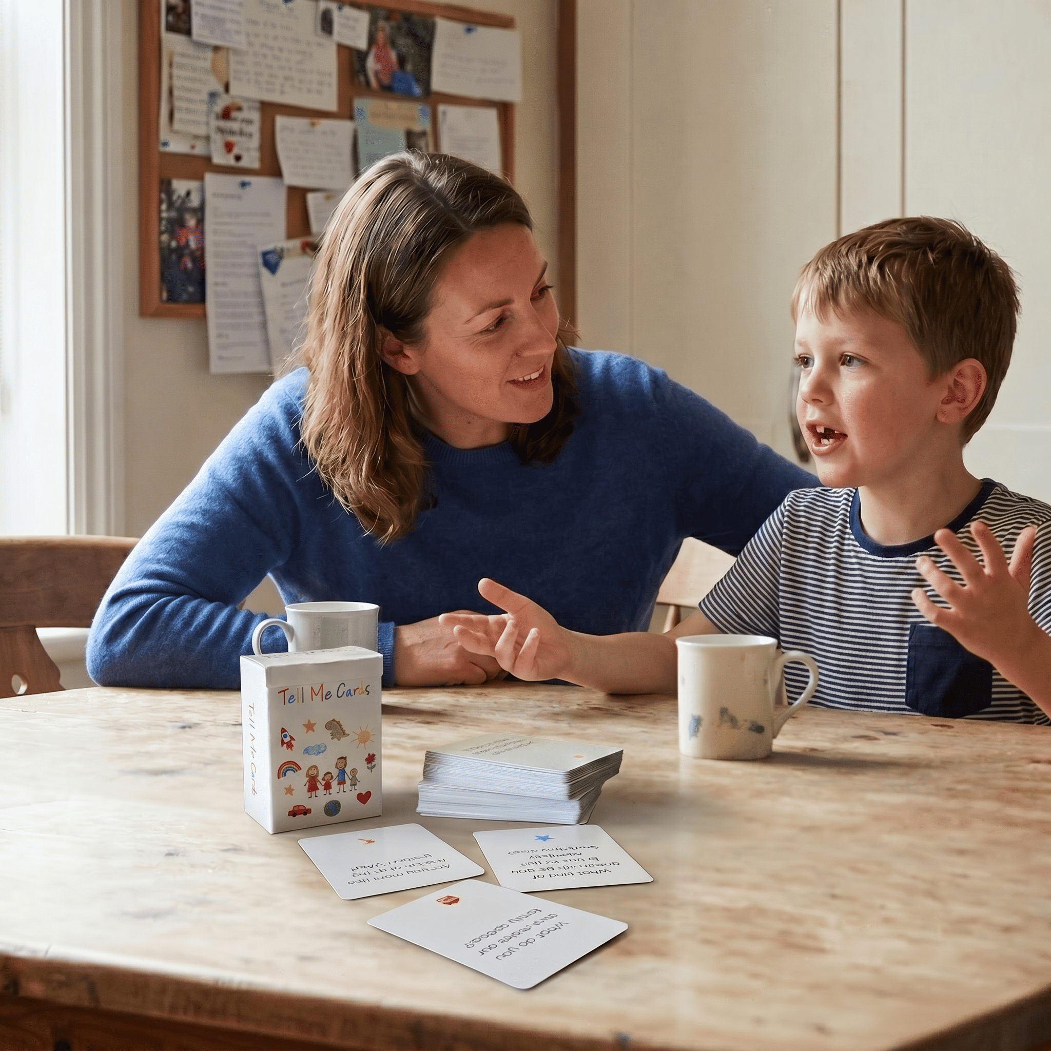 Mother listening to her son at the kitchen table with Tell Me Cards parent child conversation cards